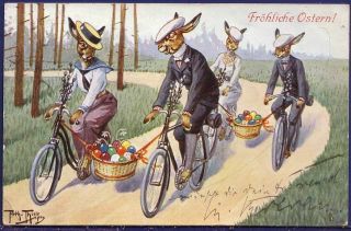 Scarce Humanized Easter Rabbits On Bike Tsn Thiele 1912 Must L@@k