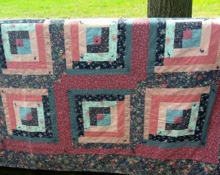 Vtg Handmade Quilt Patchwork Log Cabin Flowers Pink Backing Usa 84 By 82
