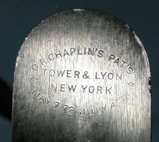 Tower & Lyon,  Chaplin ' s Patent Block Plane No.  20,  Patented 1872 8
