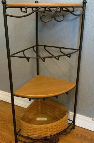 Longaberger Wrought Iron 4 Corner Stand With 2 Wood Selves 1 Basket