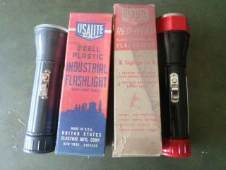 Rare Usa Lite Red Head & Industrial Ind 22 Plastic Flashlight Usalite