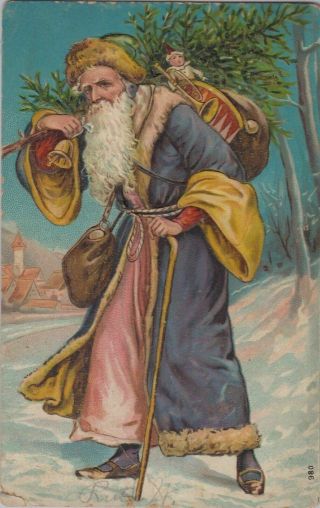 Long Blue Robe Santa Claus W.  Walking Stick Toys 1910 Christmas Postcard - C742