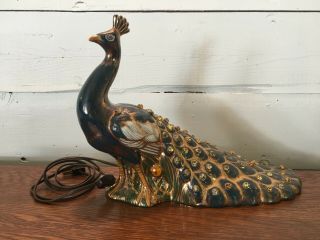 Vintage Holland Mold Ceramic Light Up Peacock Bird With Jewels Lamp Nightlight
