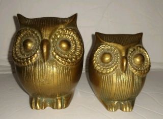 Set - 2 70s Retro Mod Big Eye Hoot Owl Gold Solid Brass Metal Figurine By Andrea