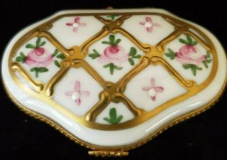 Vintage Limoges Porcelain Trinket Triangle Box Hinged White w/Gold & pink roses 4