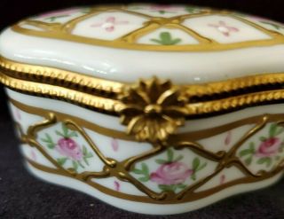 Vintage Limoges Porcelain Trinket Triangle Box Hinged White w/Gold & pink roses 5