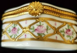 Vintage Limoges Porcelain Trinket Triangle Box Hinged White w/Gold & pink roses 6