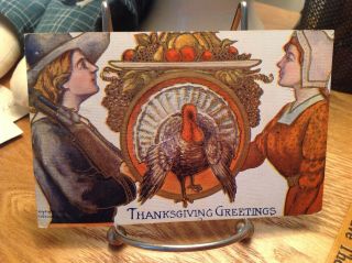 Vintage Thanksgiving Postcard Turkey Between Man & Woman,  Decor Shelf With Fruit