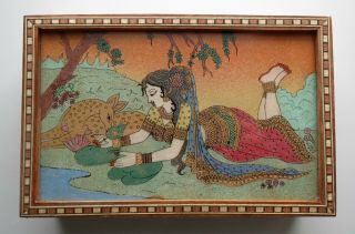 Inlay Wood Box India Asian Glass Top Reverse Painted Woman Deer Trinket Jewelry