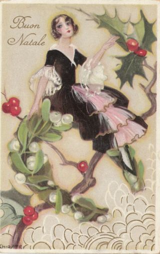 Art Deco ; Chiostri ; Christmas Girl On Giant Holly Branch,  1910 - 30s