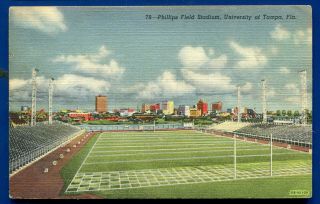 Phillips Field Football Stadium University Of Tampa Florida Postcard 1940s Linen