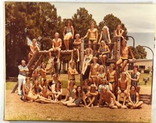 Vintage Tampa Large Color Snapshot Photo Swim Team Boys Girls Coach 1980