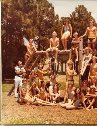 Vintage Tampa Large Color Snapshot Photo Swim Team Boys Girls Coach 1980 2