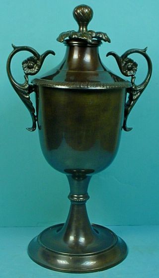 Large Vintage Brass & Bronze Lidded Trophy Cup With Handles