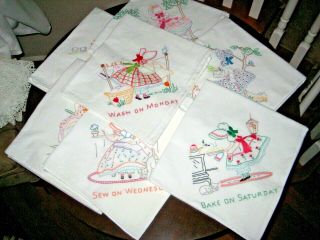 Large Vintage 7 Day Of The Week Crinolin Lady Embroidered Tea Towels