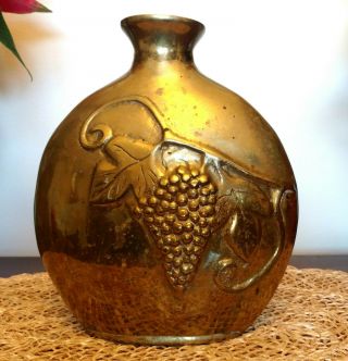Solid Brass Vase With Grape Motif Made In Korea Great Patina Vintage