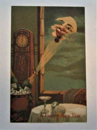 Unusual Champagne Cork Hits Man In The Moon Embossed Year Postcard