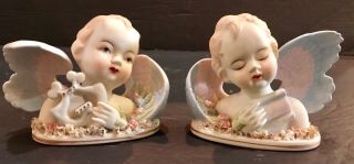 Set Of (2) Lefton China Bisque Porcelain Cherubs Angels Bust Figurines Kw432