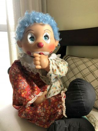 Vintage Life Size Clown Doll Sucks Thumb And Blinks Eyes Cloth Body 28 Inches