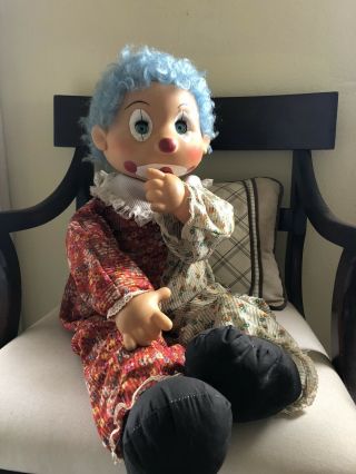 Vintage life size Clown Doll sucks thumb and blinks eyes cloth body 28 inches 3