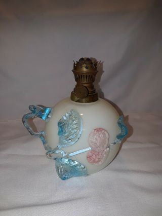 Antique/vintage Miniature Oil Lamp Milk Glass With Glass Designs Unique