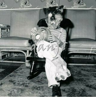 Boy In Creepy Big Bad Wolf Mask,  Wolf Foot W Jack - O - Lantern 1958 Halloween Photo