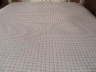 Vintage MORGAN JONES Twin Bedspread w Chenille Border Pink White Grid Squares 2