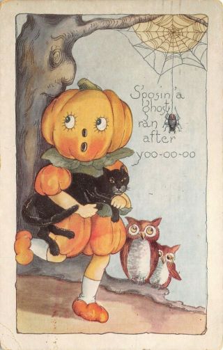 Halloween Fantasy Pumpkin Head Girl Runs From Ghost Spider Owls Cat Whitney Made