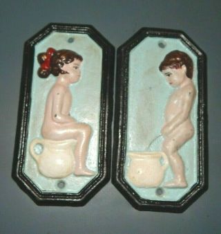 Boy & Girl Restroom Bathroom " Men & Women " Cast Iron Signs Peeing In/on Pot