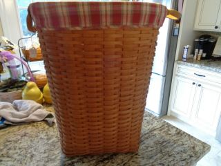 Longaberger Oval Hamper Waste Basket With Orchard Plaid Liner And Wood Lid