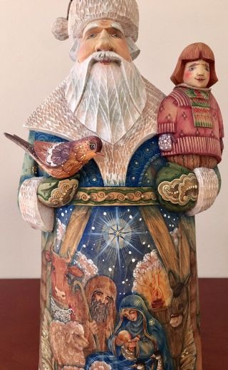 G.  Debrekht Santa Figurine Le 04/100 Wood Carved Russian Santa W/ Nativity Scene