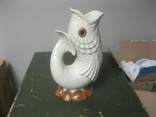 Vintage Fitz & Floyd White Fish,  Brown Eyed,  Ceramic Pitcher Vase