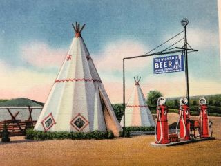 Horse Cave Ky Native American Theme Gas Station Wigwam Beer Ad Swastika Postcard