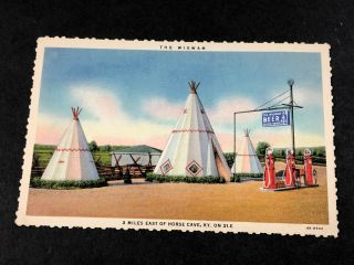 Horse Cave KY Native American Theme Gas Station Wigwam Beer Ad Swastika Postcard 3
