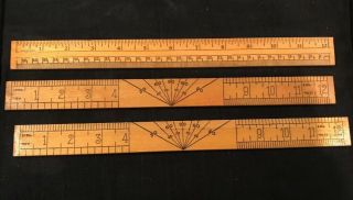 3 Old Vintage 2 Sided Wood Rulers Made In The Usa W/angle Scale Great Shape 0505