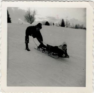Adorable Kids Cute Siblings Sledding Downhill In Snow Dec 1964 Vintage Photo