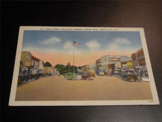 Vintage Postcard Linen Main Street Public Square Forest City Nc Coca - Cola Theatr