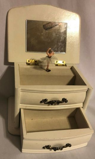 Old Wood Girls Two Drawer Musical Jewelry Box With Dancing Ballerina