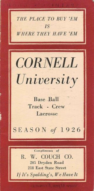 Ithaca,  Ny,  Cornell University Baseball & Other Sports 1926 Schedule With Adv
