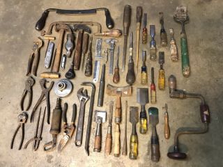 Large Flat Rate Box Of Vintage & Antique Tools Chisels Bit Brace Hammers Pliers