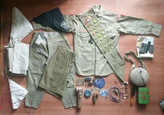 1940s Boy Scout Uniform W/ Sash Patches Badges Matches Canteen First Aid B.  S.  A