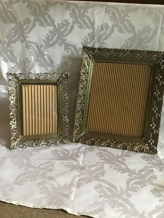 2 Vintage Filigree Gold Tone White Washed Ornate Metal Photo Picture Frames