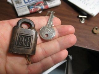 Old Brass Miniature Yale Ptpk Push Padlock Lock With A Key And Odd Shackle.  N/r