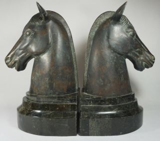 Horse Heads Large Bronze Brass Pair Aged Patina Marble Tiled Base Bookend Art