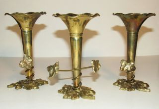 3 Unique Brass Vases Trumpet Flower Shaped