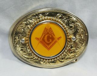 Mason Society Brass & Lucite Medallion Belt Buckle G Compass L Square