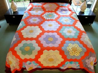 Queen Vintage,  Signed,  Hand Quilted Flower Garden Quilt W/ Smiley Face Fabric