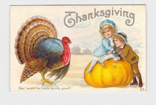 Antique Postcard Thanksgiving Boy And Girl On Pumpkin With Turkey Embossed
