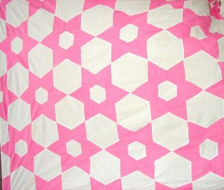 Vintage Quilt Top Unfinished - Pink Stars On White Background - 78 " X 88 "