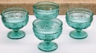 The Pioneer Woman (4) Teal Turquoise 10 Oz Embossed Glass Dessert Cups Goblets